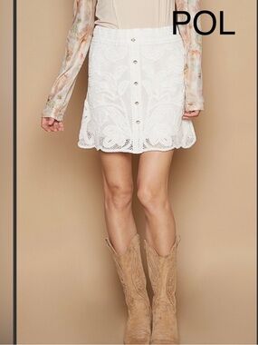 POL White Crochet Button-Front Mini Skirt One Size Fits Most